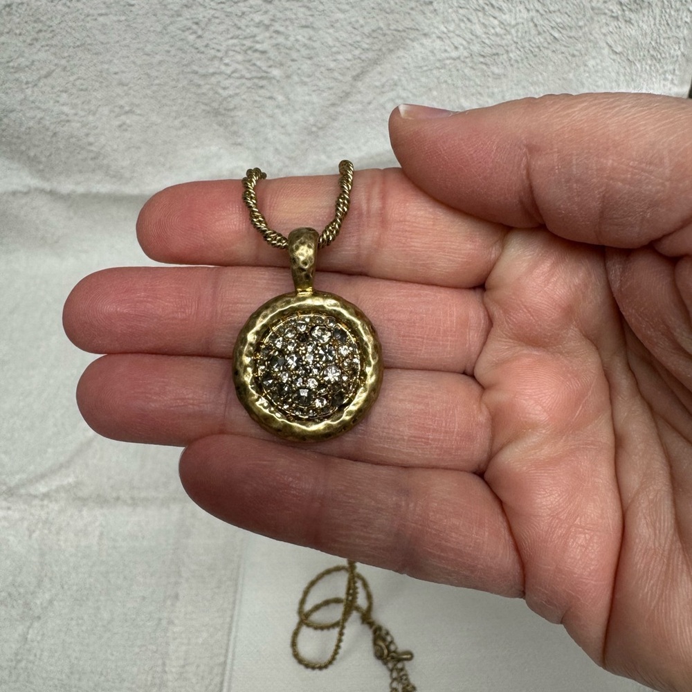 Lia Sophia Long Gold Necklace w/ Hammered Pendant & Clear Crystals, 26” long